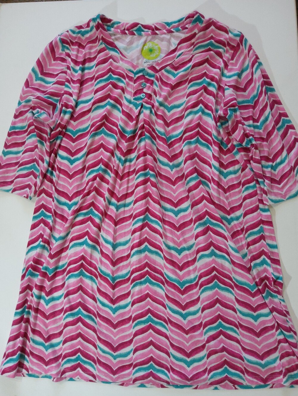 White Orchid Pajama Shirt Womens Sz Large Pink Purple Green Chevron Cottagecore